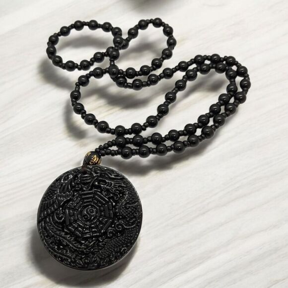 Unique Glass Black Obsidian Dragon and Phoenix Pendant Necklace Good Luck Charm - Picture 7 of 7